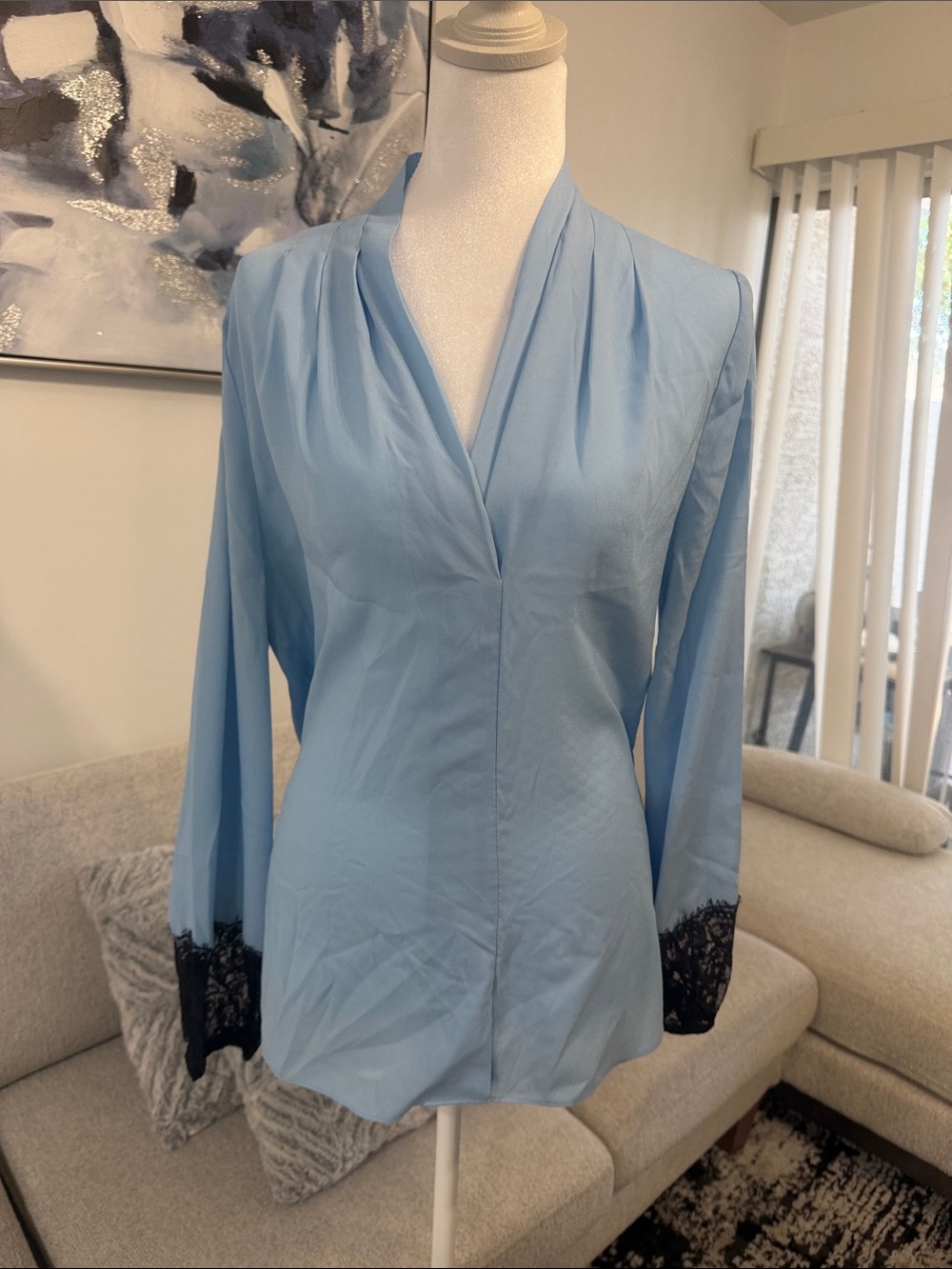 Light Blue Draped V-Neck Blouse with Black Lace Cuffs